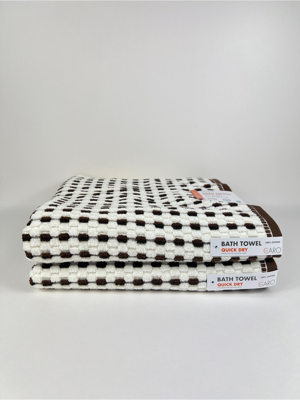 Caro Home Bath Towels White with Brown Check Quick Dry Soft Cotton 2 Pc Set NEW
